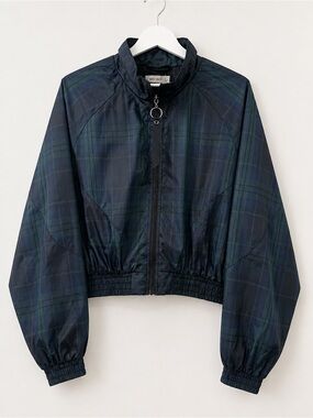 Mod Ref Navy and Forest Green Plaid Cropped Bomber Jacket